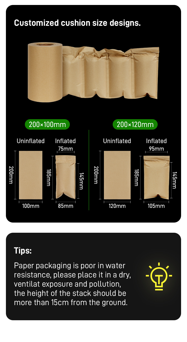 Paper air pillow packaging sizes